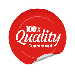 Quality guaranteed red round sticker with bent edge. Adhesive paper badge for trading, selling product in shop or store. Best quality label isolated on white cartoon vector illustration