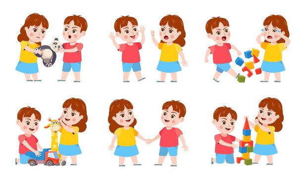 Brother and sister fight. Cartoon siblings angry, quarrel and cry. Kids fighting over a toy, playing together and holding hands vector set. Arguing boy and girl having rivalry, conflict