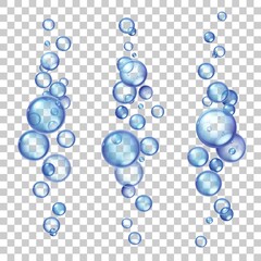 Underwater air bubbles. Fizzing gas flying in water or soda drink. Realistic soap or oxygen bubble group flow in sea or aquarium vector set. Pure aqua sparkle elements, fresh effect