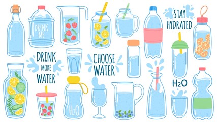 Cartoon water bottles. Detox drinks with lemon and cucumber. Sports and glass bottle and glasses with liquids. Drink more water vector set. Stay hydrated. Jar and cup with straw with liquid