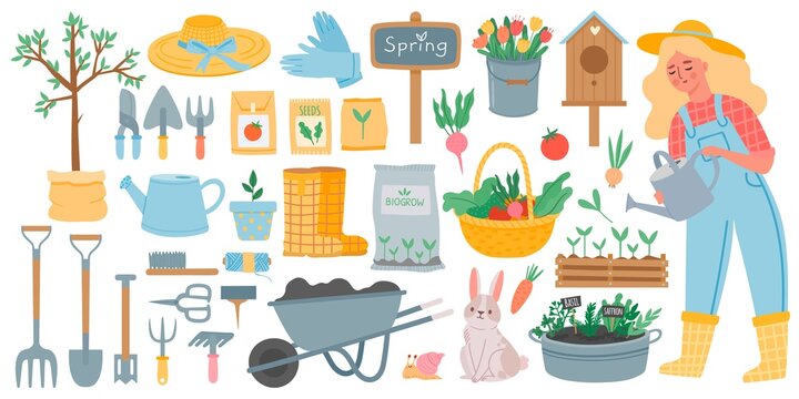 Gardening tools. Spring garden equipment - hoe, fork, shovel and rake, wheelbarrow and seeds. Woman watering plants. Horticulture vector set. Rabbit and snail, basket with vegetables