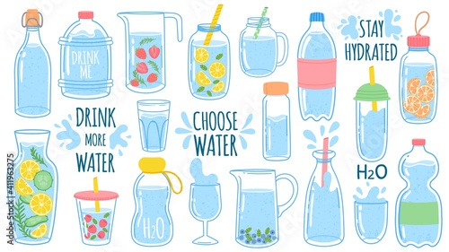 Cartoon Water Bottles Detox Drinks With Lemon And Cucumber Sports And Glass Bottle And Glasses With Liquids Drink More Water Vector Set Stay Hydrated Jar And Cup With Straw With Liquid Wall