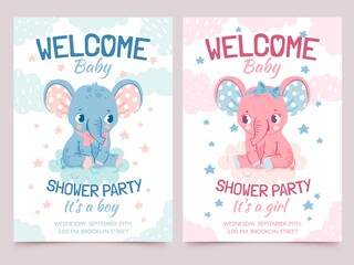 Baby shower elephant. Invitation card for newborn boy and girl party with elephants on cloud. Welcome kid banner with cute animal vector set. Celebrating happy event, birth of child