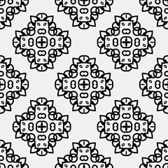 

Raster geometric ornament. Black and white seamless pattern with star shapes, squares, diamonds, grid, floral silhouettes. Simple monochrome ornamental background. Repeat design for decor, print