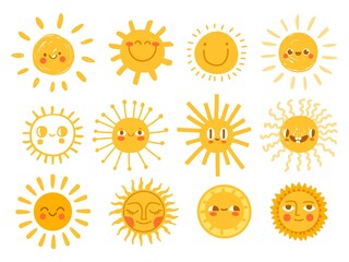 Sun characters. Cartoon sunshine emoji with funny faces. Children nursery decoration with sunny day designs. Kid happy morning vector set. Warm shining beams with smiling cheerful faces