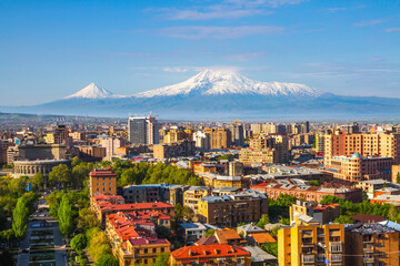 Mount Ararat (Turkey) at 5,137 m viewed from Yerevan, Armenia. This snow-capped dormant compound...