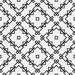 

Raster geometric ornament. Black and white seamless pattern with star shapes, squares, diamonds, grid, floral silhouettes. Simple monochrome ornamental background. Repeat design for decor, print