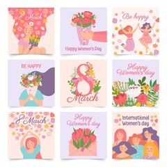 Fototapeta na wymiar International womens day. Posters with happy dancing woman and spring flowers celebrating 8 march. Cartoon female hold bouquet vector set. Envelope with tulips, cheerful girls greeting cards