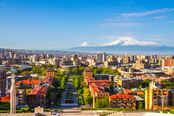 Mount Ararat (Turkey) at 5,137 m viewed from Yerevan, Armenia. This snow-capped dormant compound...