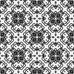 

Raster geometric ornament. Black and white seamless pattern with star shapes, squares, diamonds, grid, floral silhouettes. Simple monochrome ornamental background. Repeat design for decor, print