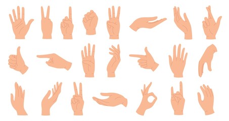 Hands poses. Female hand holding and pointing gestures, fingers crossed, fist, peace and thumb up. Cartoon human palms and wrist vector set. Communication or talking with emoji for messengers