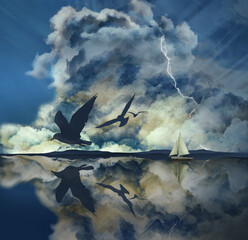 A sailboat is seen as a huge storm cloud and lightning are seen in the sky behind the boat. Clouds, seagulls and a sailboat are reflected in the water of this ocean hazardous weather scene.