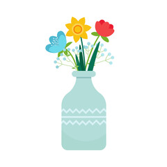 Bouquet of spring flowers in a beautiful vase. Vector illustration in flat style, template for greeting card, woman’s or mother’s day holiday banner, poster