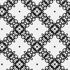 

Raster geometric ornament. Black and white seamless pattern with star shapes, squares, diamonds, grid, floral silhouettes. Simple monochrome ornamental background. Repeat design for decor, print