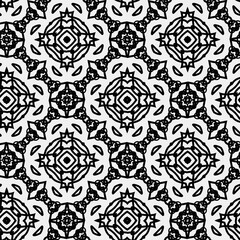 

Raster geometric ornament. Black and white seamless pattern with star shapes, squares, diamonds, grid, floral silhouettes. Simple monochrome ornamental background. Repeat design for decor, print