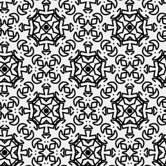 

Raster geometric ornament. Black and white seamless pattern with star shapes, squares, diamonds, grid, floral silhouettes. Simple monochrome ornamental background. Repeat design for decor, print