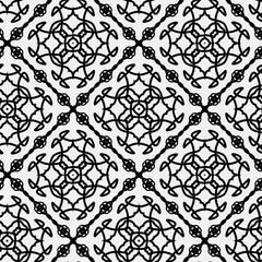 

Raster geometric ornament. Black and white seamless pattern with star shapes, squares, diamonds, grid, floral silhouettes. Simple monochrome ornamental background. Repeat design for decor, print