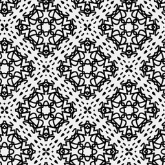 

Raster geometric ornament. Black and white seamless pattern with star shapes, squares, diamonds, grid, floral silhouettes. Simple monochrome ornamental background. Repeat design for decor, print