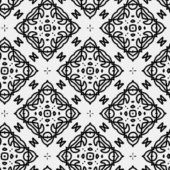 

Raster geometric ornament. Black and white seamless pattern with star shapes, squares, diamonds, grid, floral silhouettes. Simple monochrome ornamental background. Repeat design for decor, print