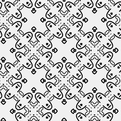 

Raster geometric ornament. Black and white seamless pattern with star shapes, squares, diamonds, grid, floral silhouettes. Simple monochrome ornamental background. Repeat design for decor, print
