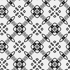 

Raster geometric ornament. Black and white seamless pattern with star shapes, squares, diamonds, grid, floral silhouettes. Simple monochrome ornamental background. Repeat design for decor, print
