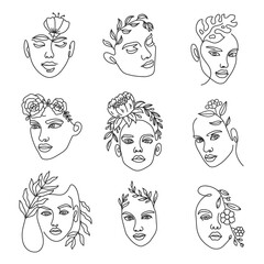 Female face line with flowers. Continuous lines art with woman minimalist portraits with bouquet in hairs. Fashion beauty logo vector set. Elegant art for countour tattoo and advertisement
