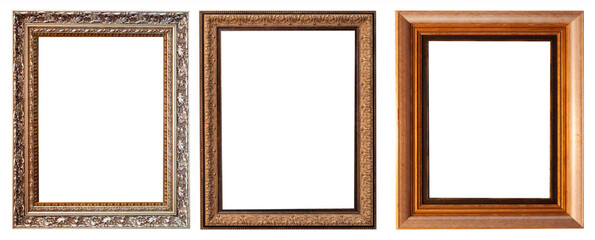 Set of gilded antique picture frames isolated on white background.