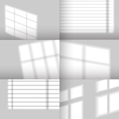 Window shadows. Realistic overlay shadow effect from jalousie. Natural sunlight from windows on walls mockup for product scene, vector set. Reflection of light on gray empty room wall