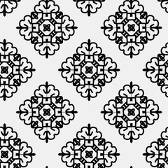 

Raster geometric ornament. Black and white seamless pattern with star shapes, squares, diamonds, grid, floral silhouettes. Simple monochrome ornamental background. Repeat design for decor, print