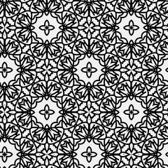 

Raster geometric ornament. Black and white seamless pattern with star shapes, squares, diamonds, grid, floral silhouettes. Simple monochrome ornamental background. Repeat design for decor, print