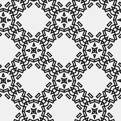 

Raster geometric ornament. Black and white seamless pattern with star shapes, squares, diamonds, grid, floral silhouettes. Simple monochrome ornamental background. Repeat design for decor, print