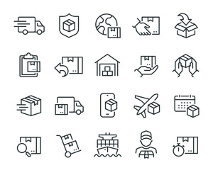 Delivery icons set. Collection of simple linear web icons such as Shipping By Sea Air, Delivery Date, Courier, Warehouse, Return Search Parcel, Fast Shipping and others Editable vector stroke. - obrazy, fototapety, plakaty