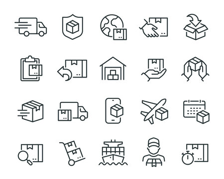 Delivery icons set. Collection of simple linear web icons such as Shipping By Sea Air, Delivery Date, Courier, Warehouse, Return Search Parcel, Fast Shipping and others Editable vector stroke.
