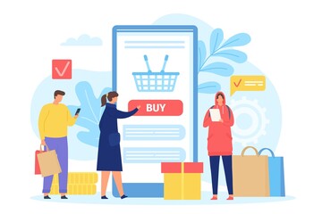 People buying in online shop. Smartphone screen with shopping basket. Poster with men and women with bags. Mobile store app vector concept. Characters ordering with cellphone in application