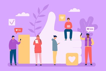 People addicted to like. Group of characters checking social media in phones and gadgets. Addiction to internet and feedback vector concept. Thumb up for approval. Network users with devices