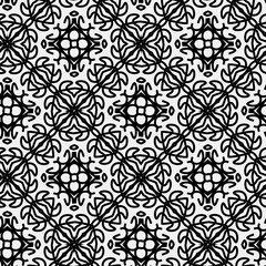 Raster geometric ornament. Black and white seamless pattern with star shapes, squares, diamonds, grid, floral silhouettes. Simple monochrome ornamental background. Repeat design for decor, print
