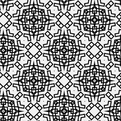 Raster geometric ornament. Black and white seamless pattern with star shapes, squares, diamonds, grid, floral silhouettes. Simple monochrome ornamental background. Repeat design for decor, print