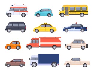 City transport cars. Urban car and vehicles, taxi, school bus, ambulance, fire engine, police and pickup truck. Flat automobile vector set. Isolated public cars for first aid transportation