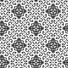 Raster geometric ornament. Black and white seamless pattern with star shapes, squares, diamonds, grid, floral silhouettes. Simple monochrome ornamental background. Repeat design for decor, print