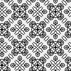 Raster geometric ornament. Black and white seamless pattern with star shapes, squares, diamonds, grid, floral silhouettes. Simple monochrome ornamental background. Repeat design for decor, print