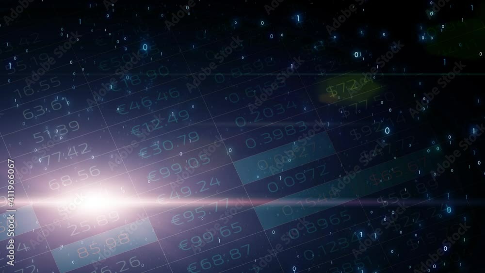 Poster dark blue shining business charts with numbers, lines and binary numbers animation. business stock m