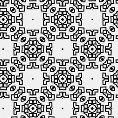 Raster geometric ornament. Black and white seamless pattern with star shapes, squares, diamonds, grid, floral silhouettes. Simple monochrome ornamental background. Repeat design for decor, print