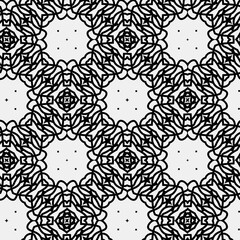 Raster geometric ornament. Black and white seamless pattern with star shapes, squares, diamonds, grid, floral silhouettes. Simple monochrome ornamental background. Repeat design for decor, print