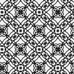 Raster geometric ornament. Black and white seamless pattern with star shapes, squares, diamonds, grid, floral silhouettes. Simple monochrome ornamental background. Repeat design for decor, print