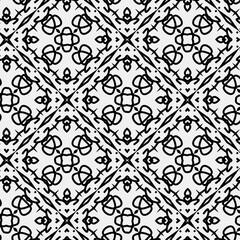 Raster geometric ornament. Black and white seamless pattern with star shapes, squares, diamonds, grid, floral silhouettes. Simple monochrome ornamental background. Repeat design for decor, print