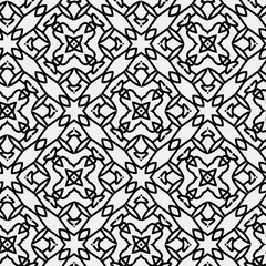 Raster geometric ornament. Black and white seamless pattern with star shapes, squares, diamonds, grid, floral silhouettes. Simple monochrome ornamental background. Repeat design for decor, print