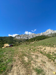 View of the eastern massif of the Picos de Europa near Colio village in the Europa Peaks, Cantabrian Mountains, northern Spain.