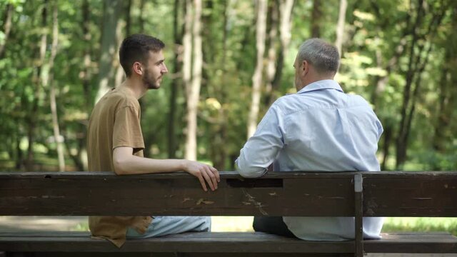 Back view of relaxed young and middle aged Caucasian men sitting on bench in summer park talking. Carefree son and father enjoying sunny day outdoors. Family leisure and lifestyle.