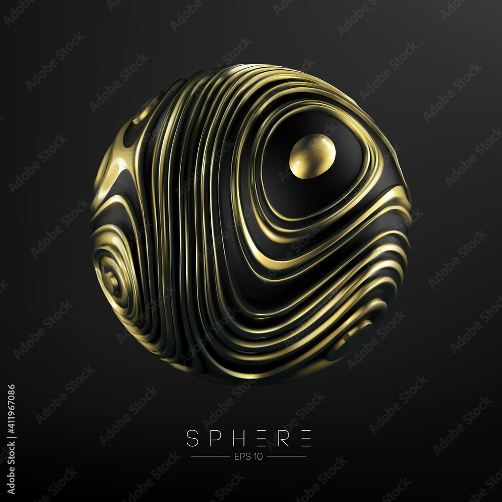 Poster 3d sphere gold on black background for web design. modern abstract liquid noise fluid form backgroun