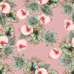 Beautiful watercolor seamless pattern with tropical leaves. Hand drawn.